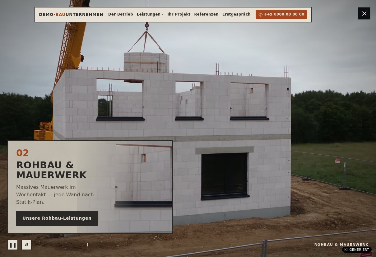 Vorschau der Demo-Landingpage „Demo-Bauunternehmen“ (fiktiver Beispielbetrieb)