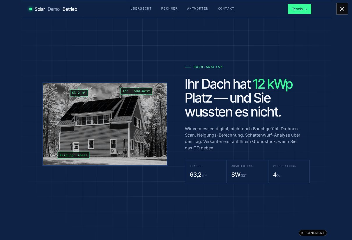 Vorschau der Demo-Landingpage „Solar Demo Betrieb“ (fiktiver Betrieb, Tech-Look)