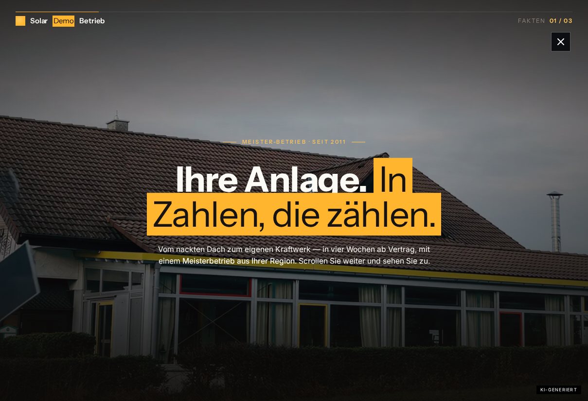 Vorschau der Demo-Landingpage „Solar Demo Betrieb“ (fiktiver Meisterbetrieb, Editorial-Look)